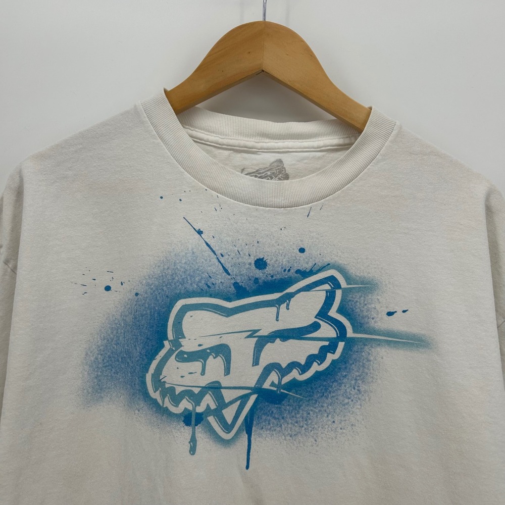 Fox Racing Mens XL White Blue Spray Paint Drip Logo Graphic T-Shirt Motocross